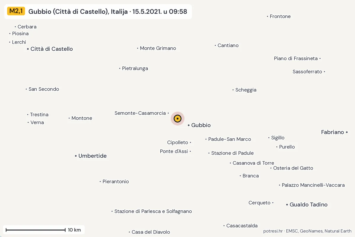 Karta: okolica epicentra, 60 km, potres M2,1, Gubbio (Città di Castello), Italija, 15.5.2021.