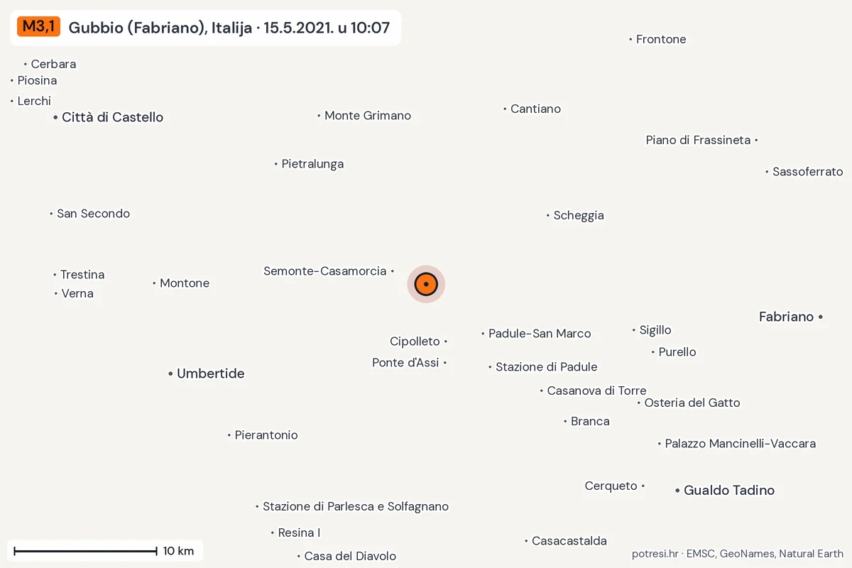 Karta: okolica epicentra, 60 km, potres M3,1, Gubbio (Fabriano), Italija, 15.5.2021.