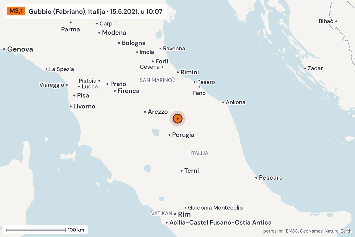 Karta: šire područje, 600 km, potres M3,1, Gubbio (Fabriano), Italija, 15.5.2021.
