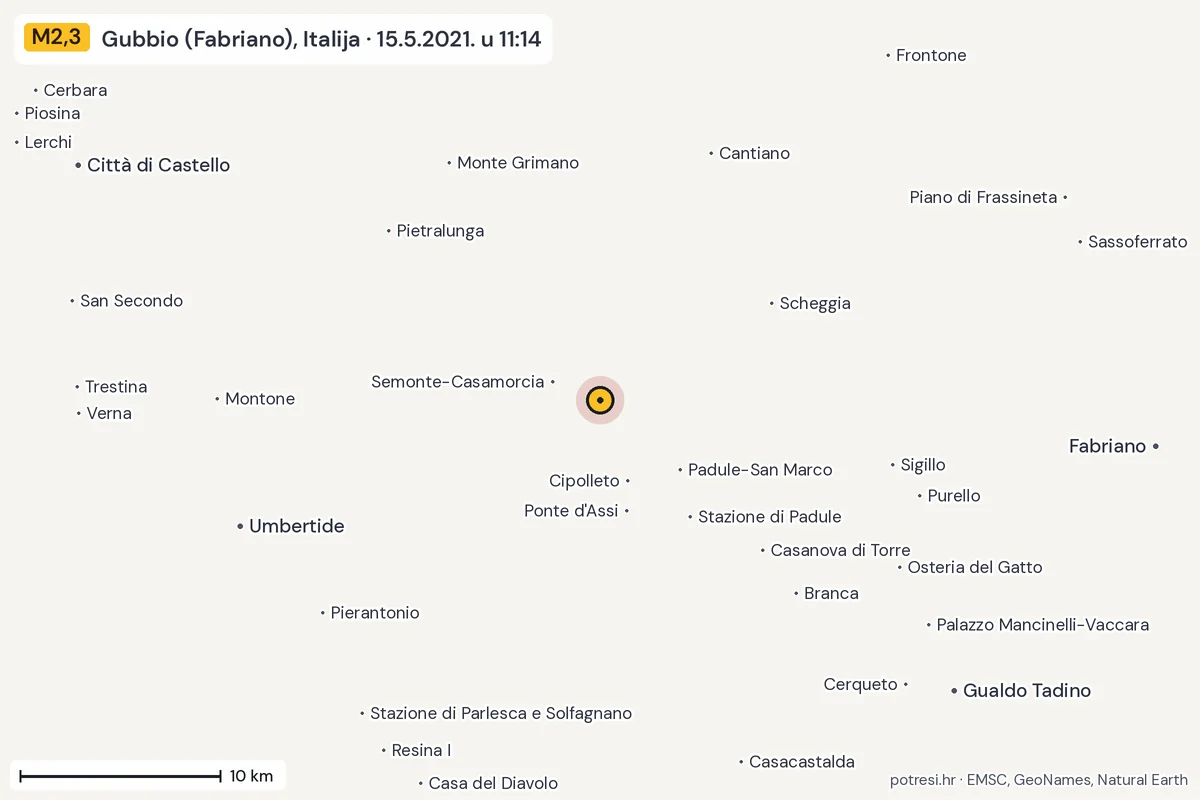 Karta: okolica epicentra, 60 km, potres M2,3, Gubbio (Fabriano), Italija, 15.5.2021.