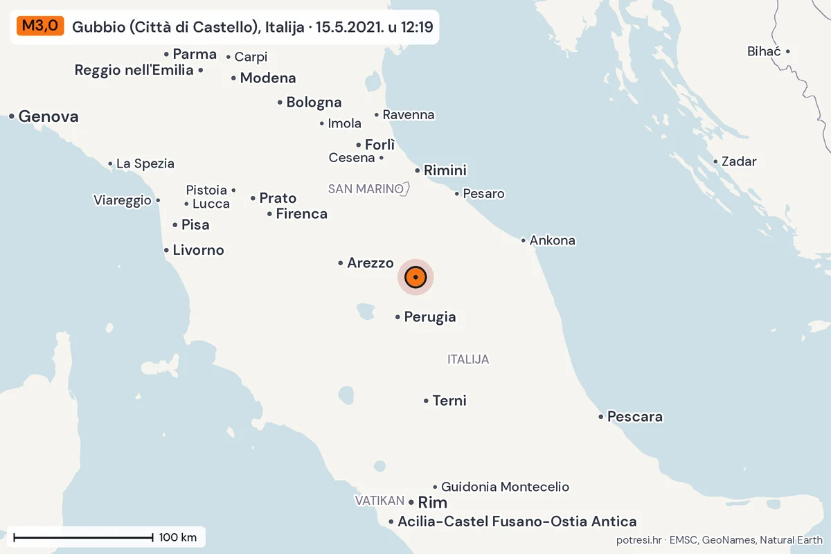 Karta: šire područje, 600 km, potres M3,0, Gubbio (Città di Castello), Italija, 15.5.2021.
