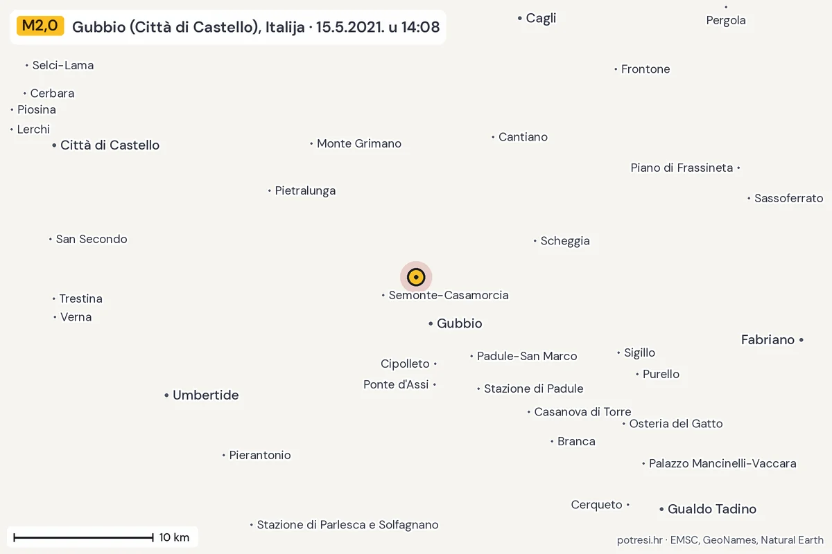 Karta: okolica epicentra, 60 km, potres M2,0, Gubbio (Città di Castello), Italija, 15.5.2021.