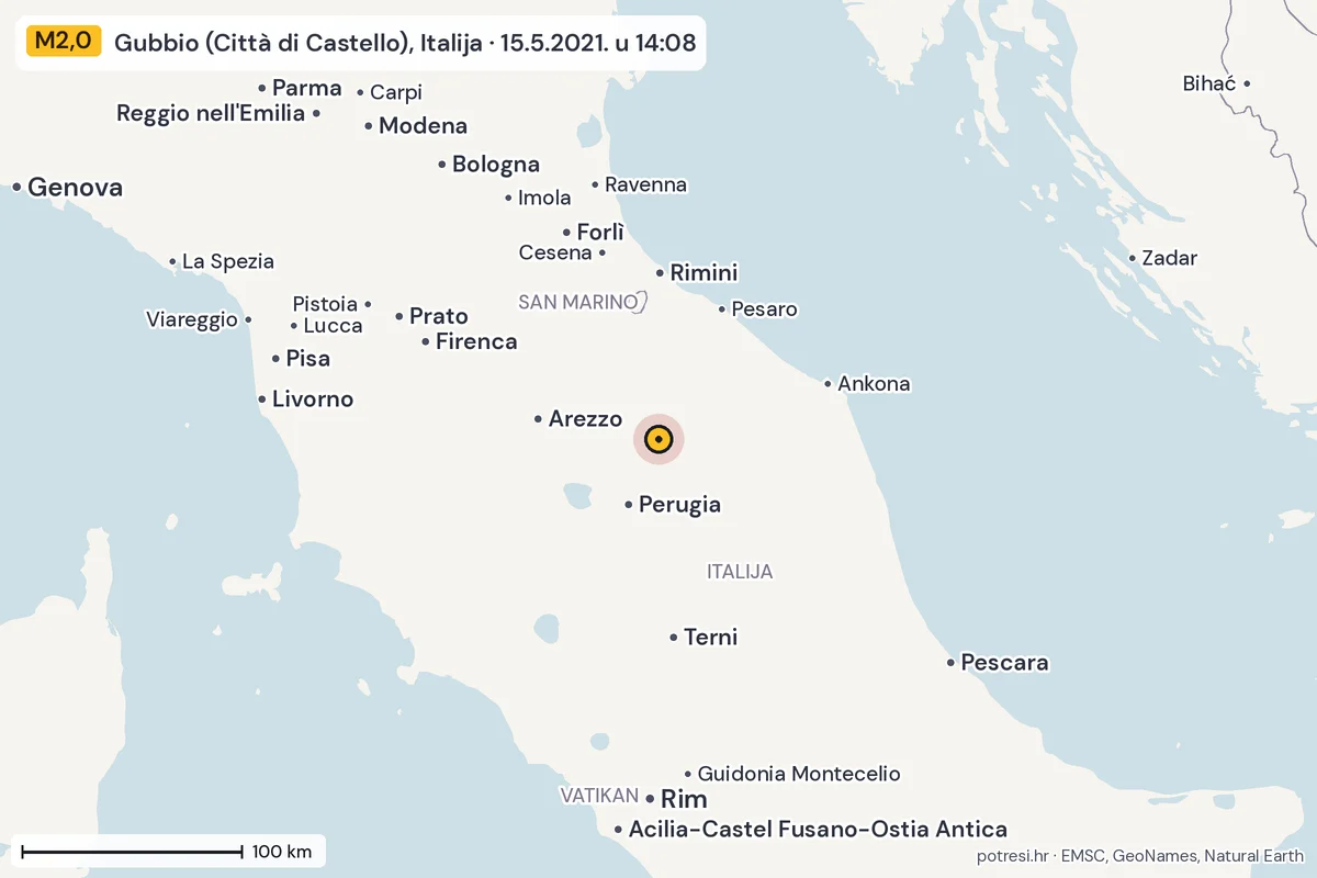 Karta: šire područje, 600 km, potres M2,0, Gubbio (Città di Castello), Italija, 15.5.2021.