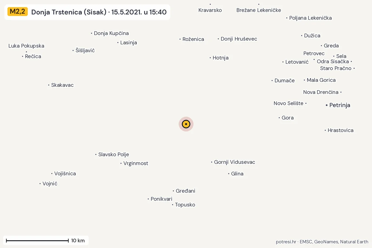 Karta: okolica epicentra, 60 km, potres M2,2, Donja Trstenica (Sisak), 15.5.2021.