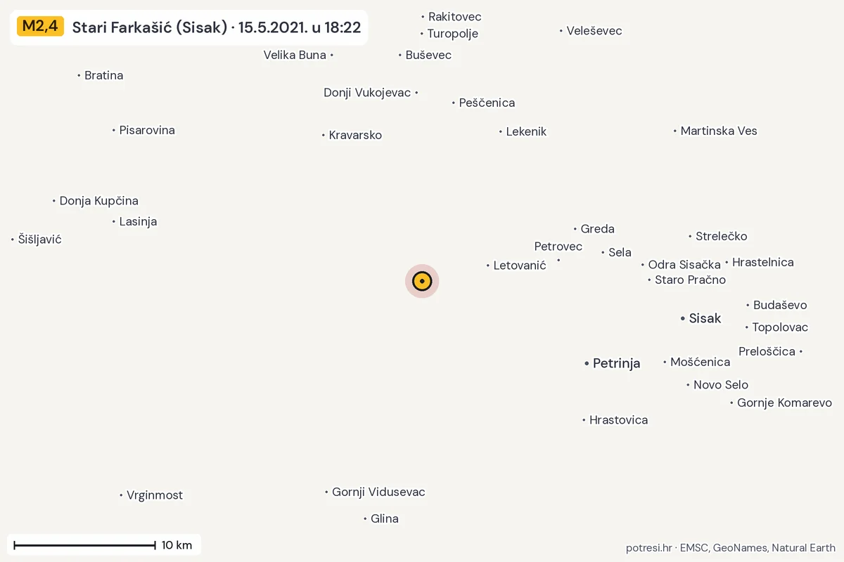 Karta: okolica epicentra, 60 km, potres M2,4, Stari Farkašić (Sisak), 15.5.2021.