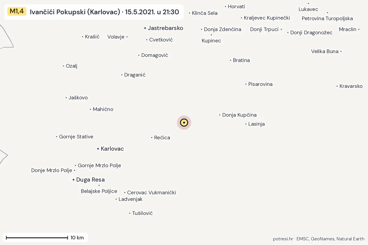 Karta: okolica epicentra, 60 km, potres M1,4, Ivančići Pokupski (Karlovac), 15.5.2021.