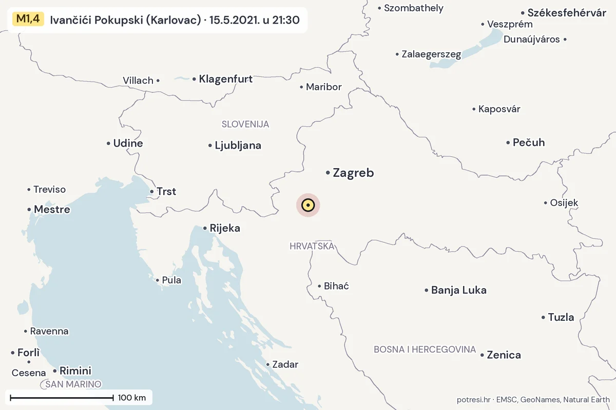 Karta: šire područje, 600 km, potres M1,4, Ivančići Pokupski (Karlovac), 15.5.2021.