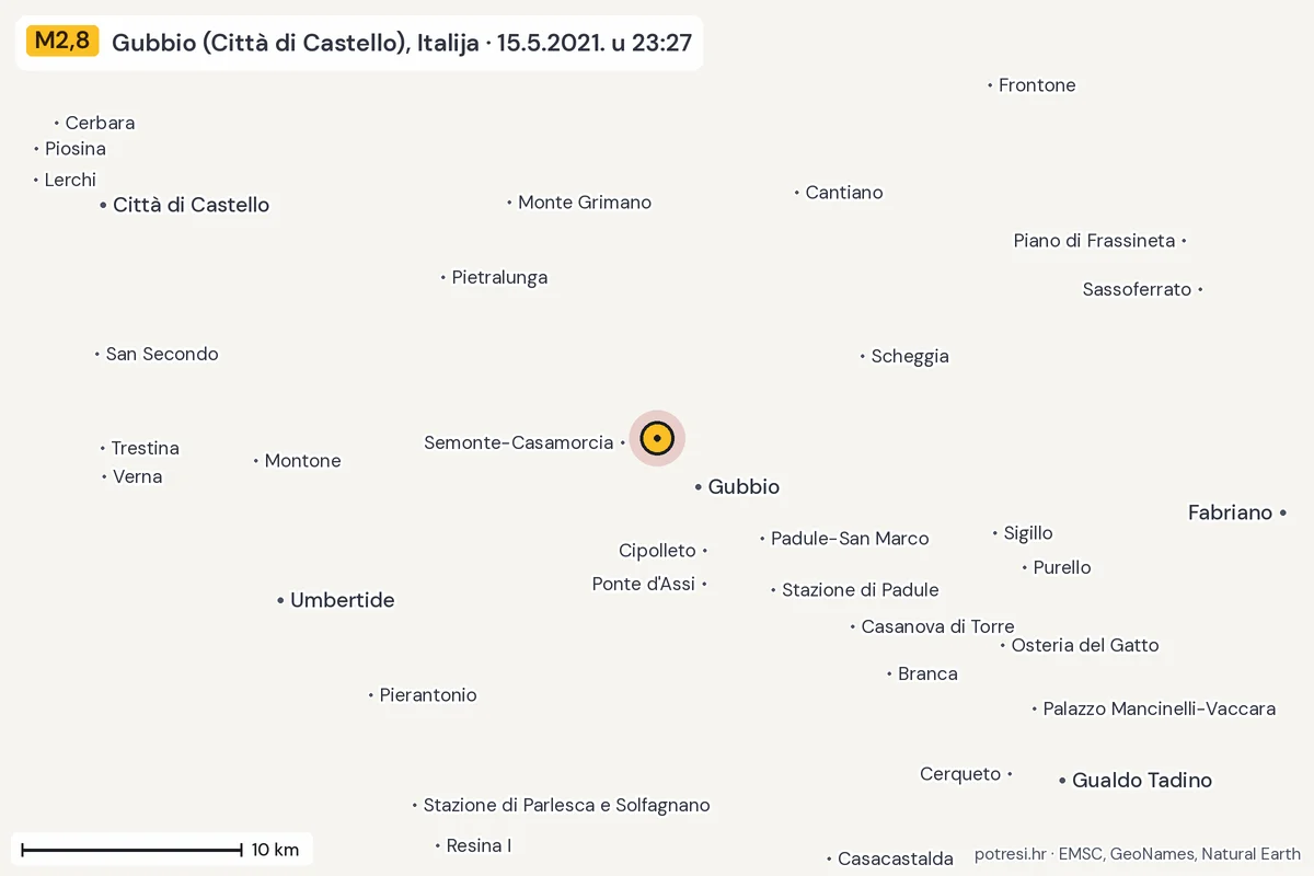 Karta: okolica epicentra, 60 km, potres M2,8, Gubbio (Città di Castello), Italija, 15.5.2021.