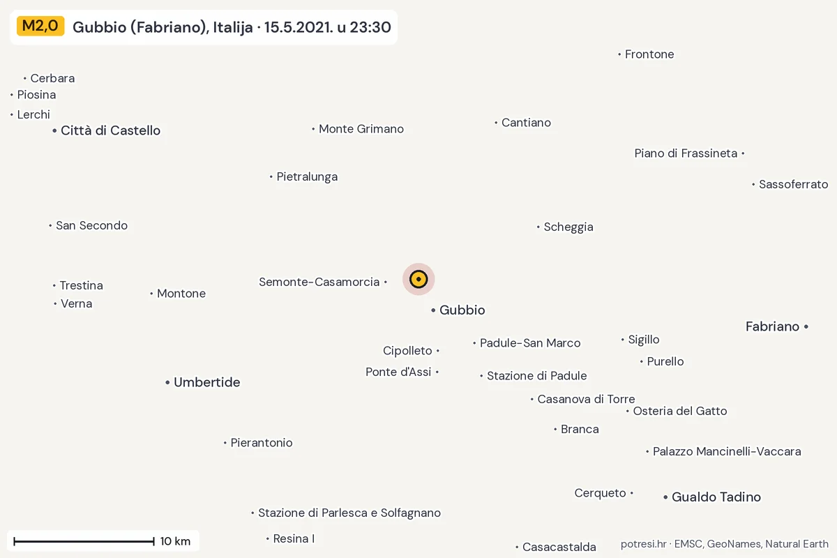 Karta: okolica epicentra, 60 km, potres M2,0, Gubbio (Fabriano), Italija, 15.5.2021.