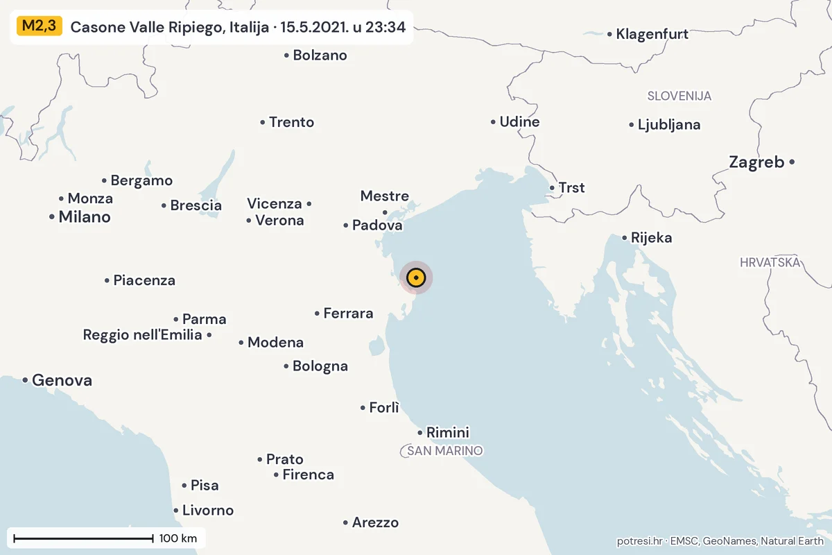 Karta: šire područje, 600 km, potres M2,3, Casone Valle Ripiego, Italija, 15.5.2021.