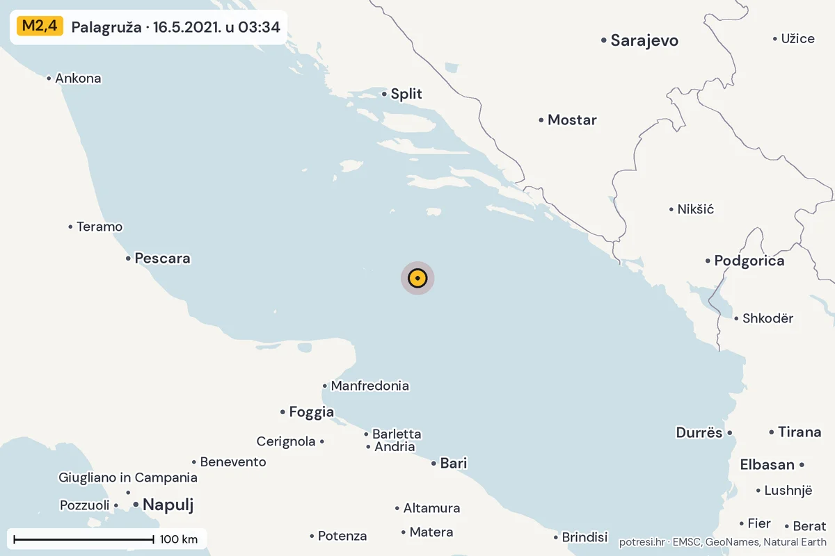 Karta: šire područje, 600 km, potres M2,4, Palagruža, 16.5.2021.