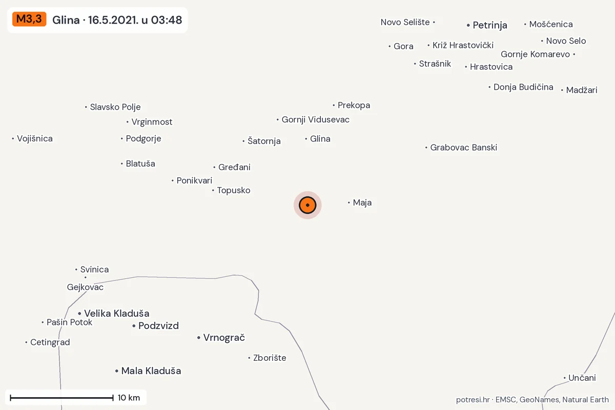 Karta: okolica epicentra, 60 km, potres M3,3, Glina, 16.5.2021.