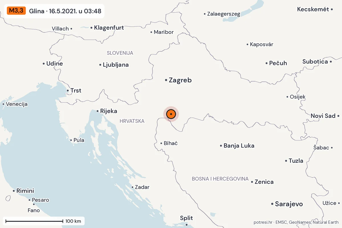Karta: šire područje, 600 km, potres M3,3, Glina, 16.5.2021.