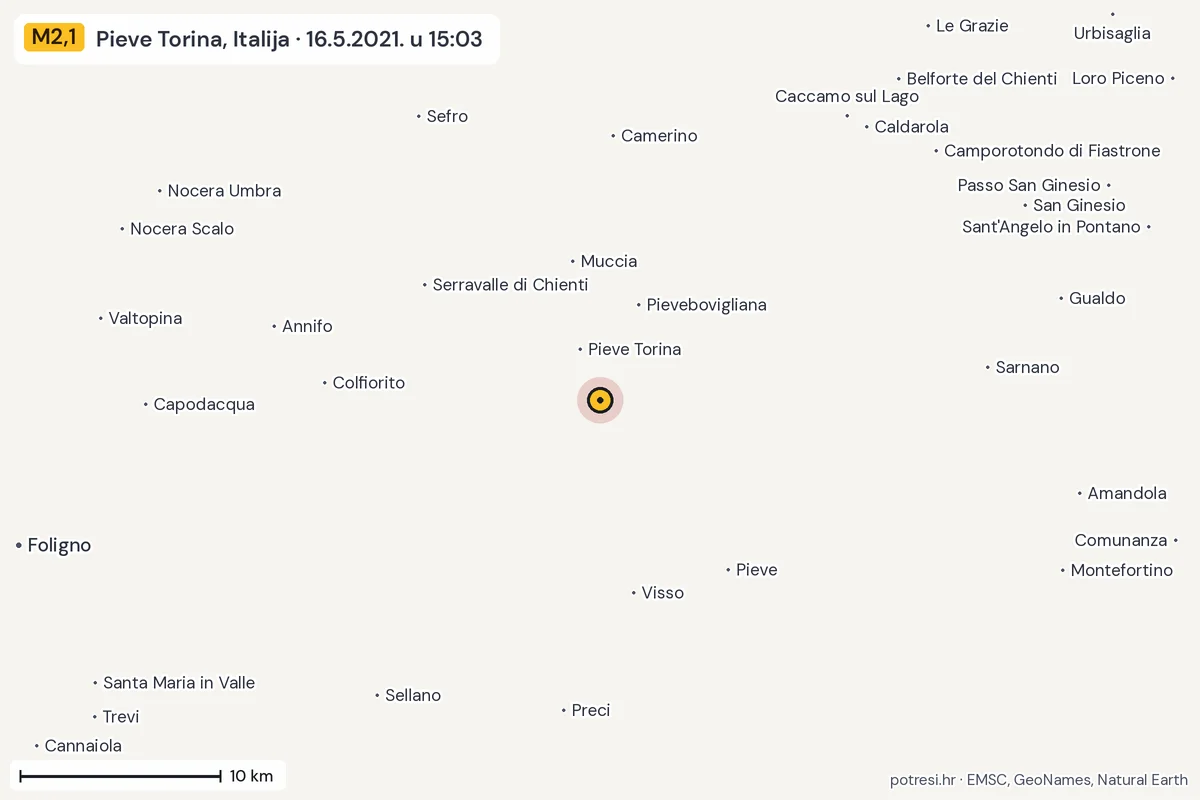 Karta: okolica epicentra, 60 km, potres M2,1, Pieve Torina, Italija, 16.5.2021.