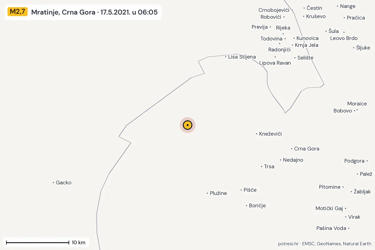 Karta: okolica epicentra, 60 km, potres M2,7, Mratinje, Crna Gora, 17.5.2021.