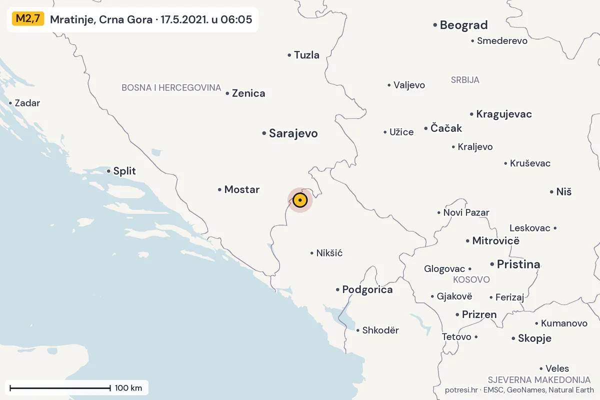 Karta: šire područje, 600 km, potres M2,7, Mratinje, Crna Gora, 17.5.2021.