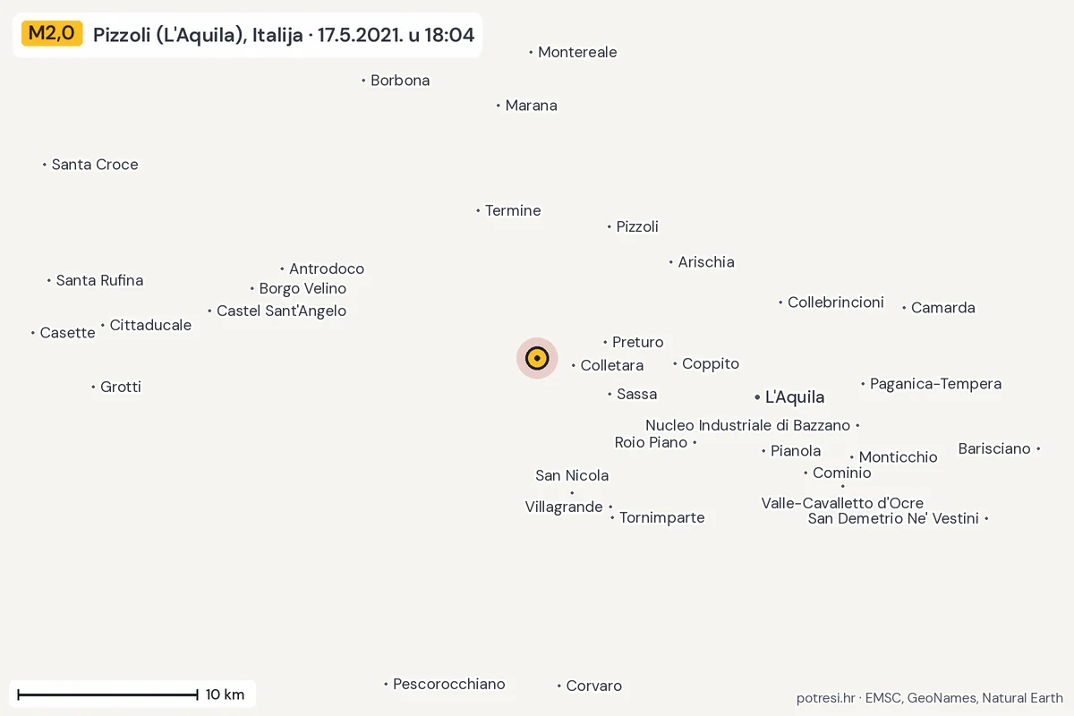 Karta: okolica epicentra, 60 km, potres M2,0, Pizzoli (L'Aquila), Italija, 17.5.2021.