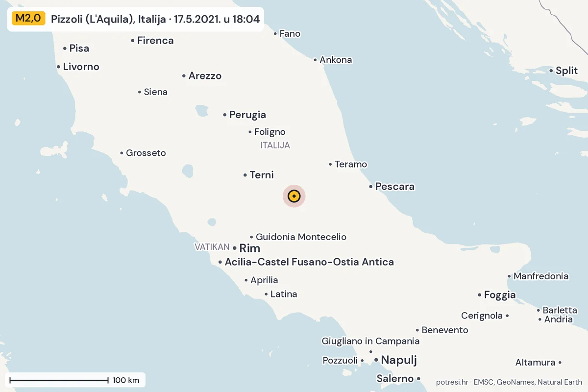 Karta: šire područje, 600 km, potres M2,0, Pizzoli (L'Aquila), Italija, 17.5.2021.