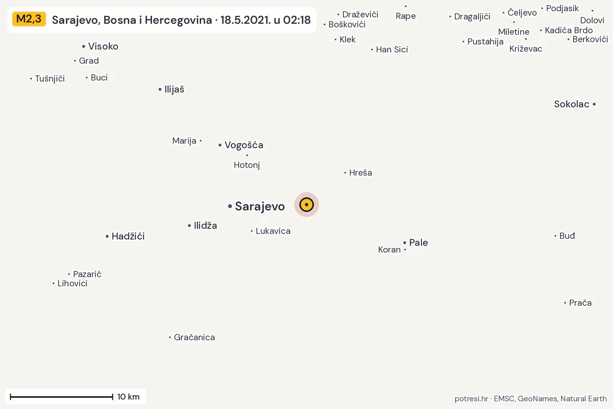 Karta: okolica epicentra, 60 km, potres M2,3, Sarajevo, Bosna i Hercegovina, 18.5.2021.