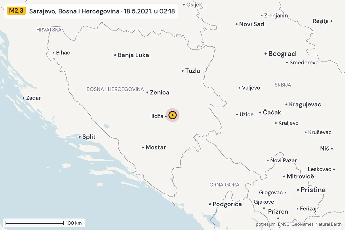 Karta: šire područje, 600 km, potres M2,3, Sarajevo, Bosna i Hercegovina, 18.5.2021.