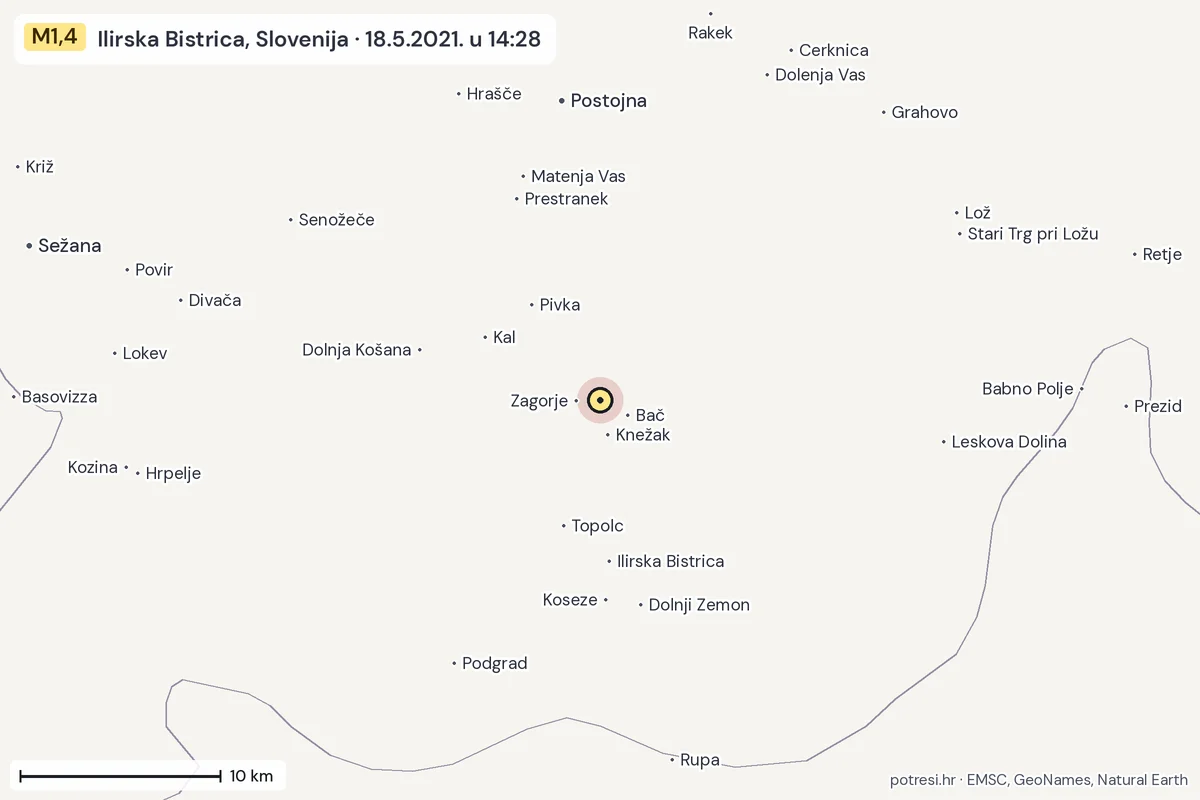 Karta: okolica epicentra, 60 km, potres M1,4, Ilirska Bistrica, Slovenija, 18.5.2021.