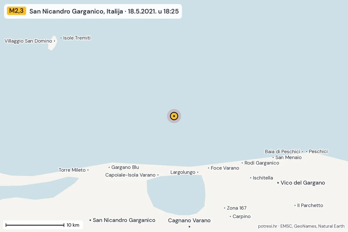 Karta: okolica epicentra, 60 km, potres M2,3, San Nicandro Garganico, Italija, 18.5.2021.