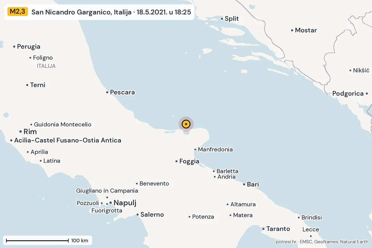 Karta: šire područje, 600 km, potres M2,3, San Nicandro Garganico, Italija, 18.5.2021.