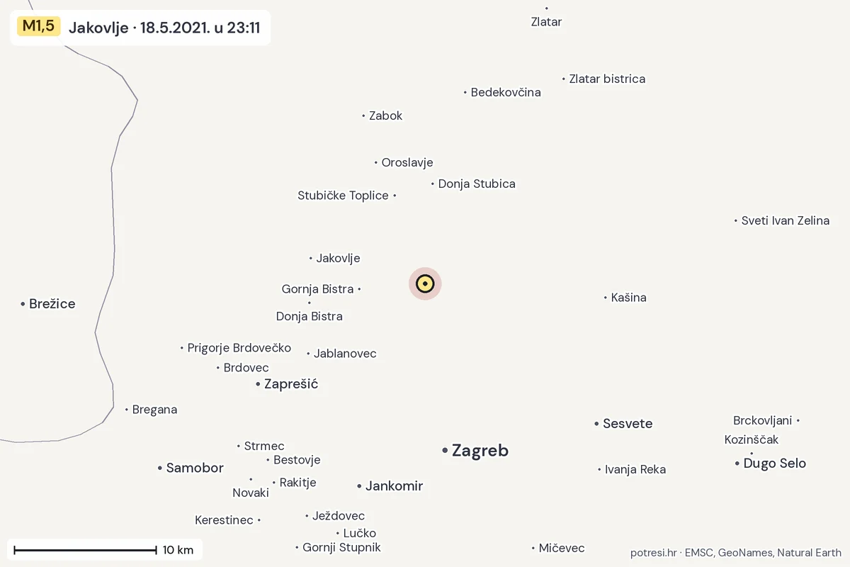 Karta: okolica epicentra, 60 km, potres M1,5, Jakovlje, 18.5.2021.
