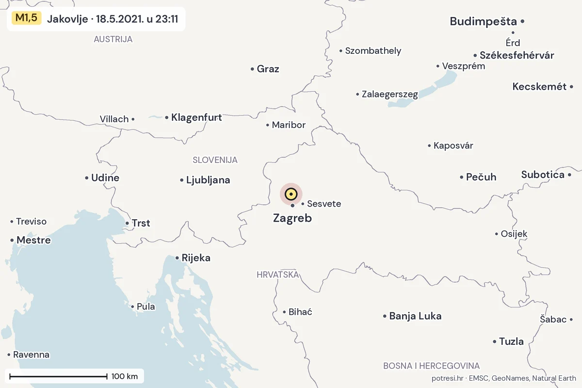 Karta: šire područje, 600 km, potres M1,5, Jakovlje, 18.5.2021.
