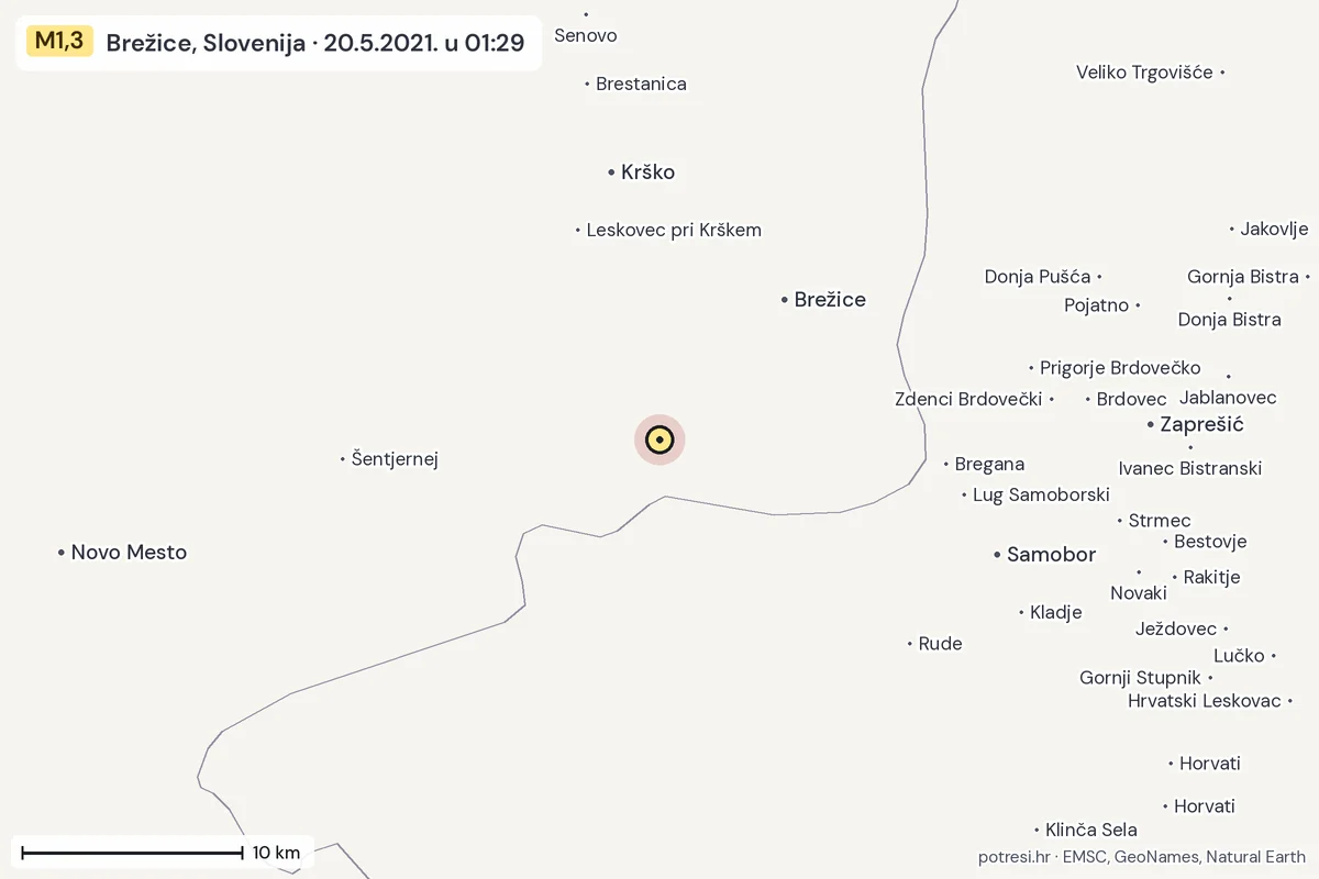 Karta: okolica epicentra, 60 km, potres M1,3, Brežice, Slovenija, 20.5.2021.