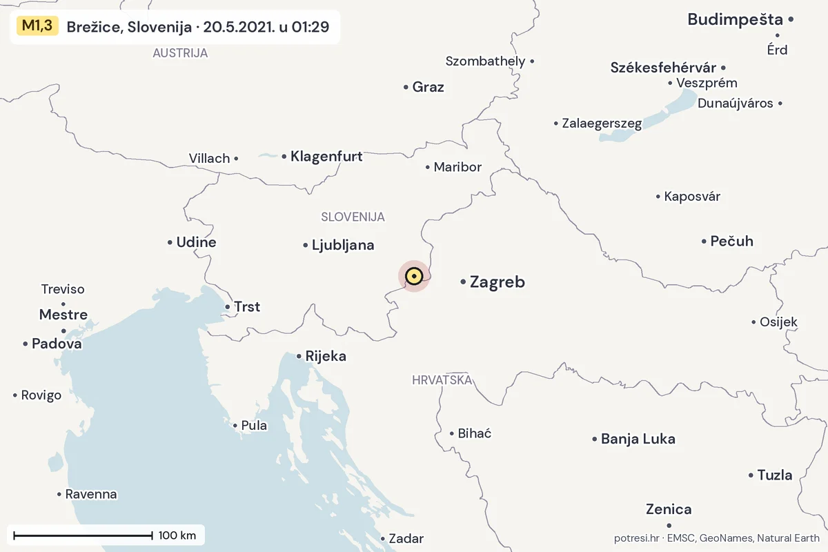 Karta: šire područje, 600 km, potres M1,3, Brežice, Slovenija, 20.5.2021.