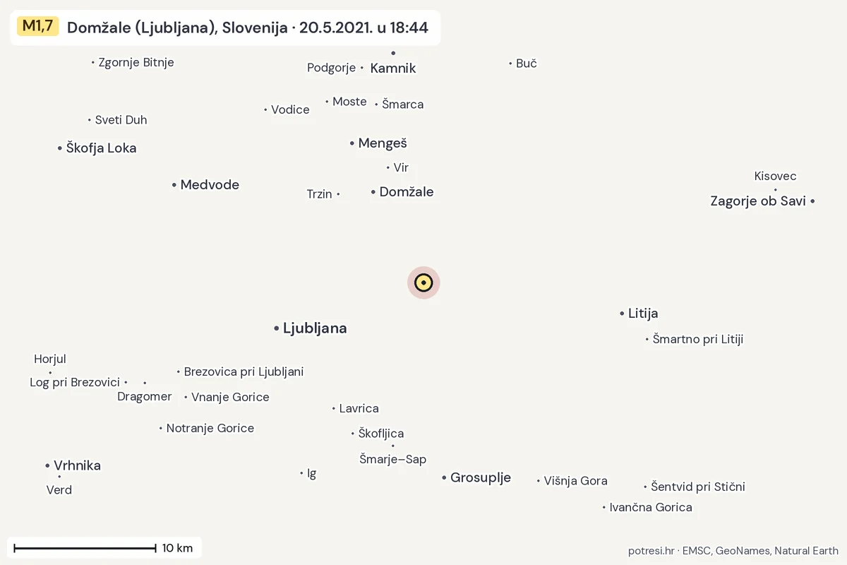 Karta: okolica epicentra, 60 km, potres M1,7, Domžale (Ljubljana), Slovenija, 20.5.2021.