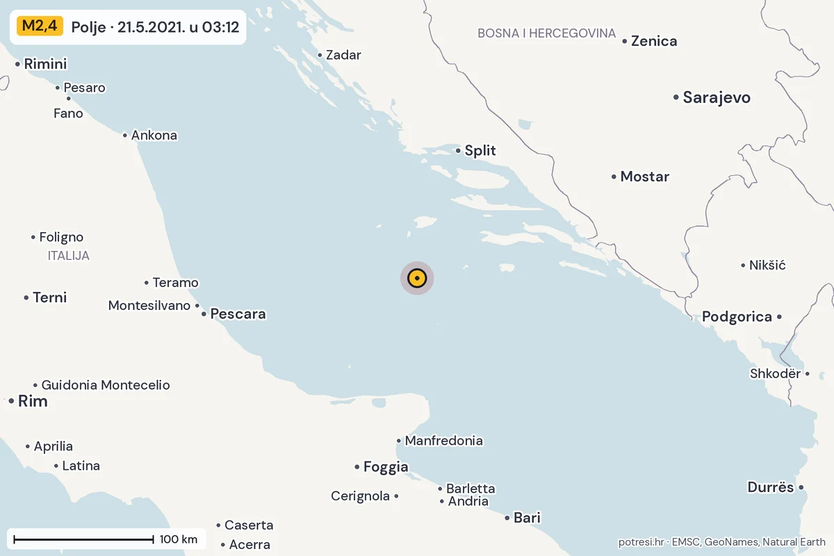 Karta: šire područje, 600 km, potres M2,4, Polje, 21.5.2021.