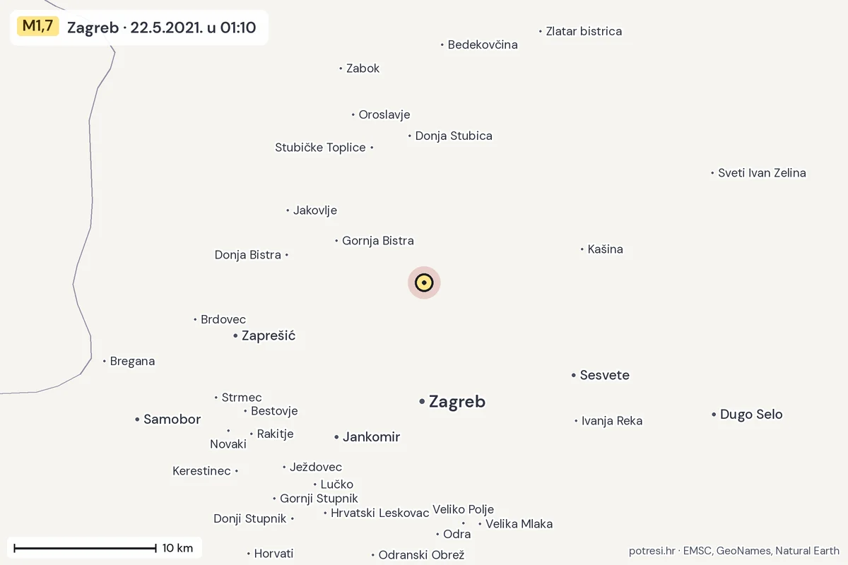 Karta: okolica epicentra, 60 km, potres M1,7, Zagreb, 22.5.2021.