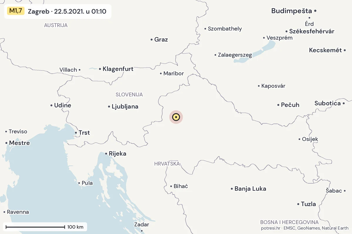 Karta: šire područje, 600 km, potres M1,7, Zagreb, 22.5.2021.