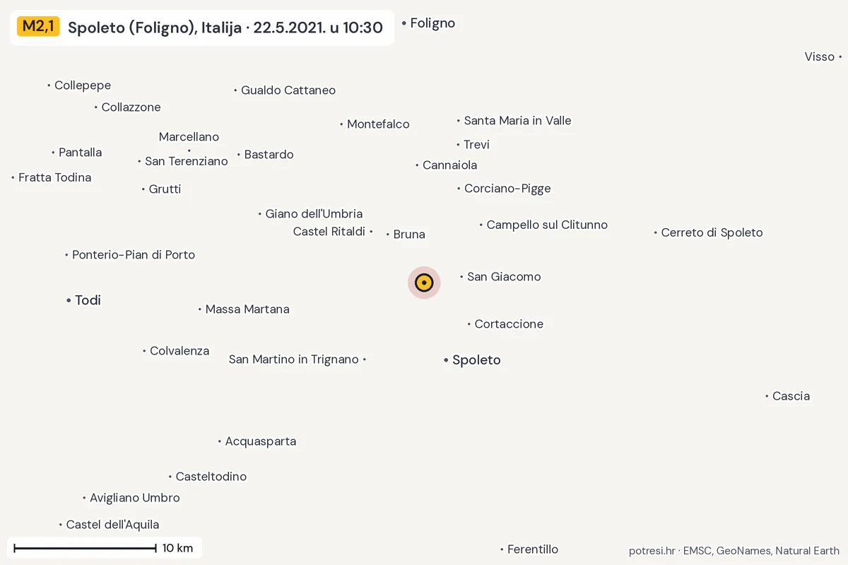 Karta: okolica epicentra, 60 km, potres M2,1, Spoleto (Foligno), Italija, 22.5.2021.