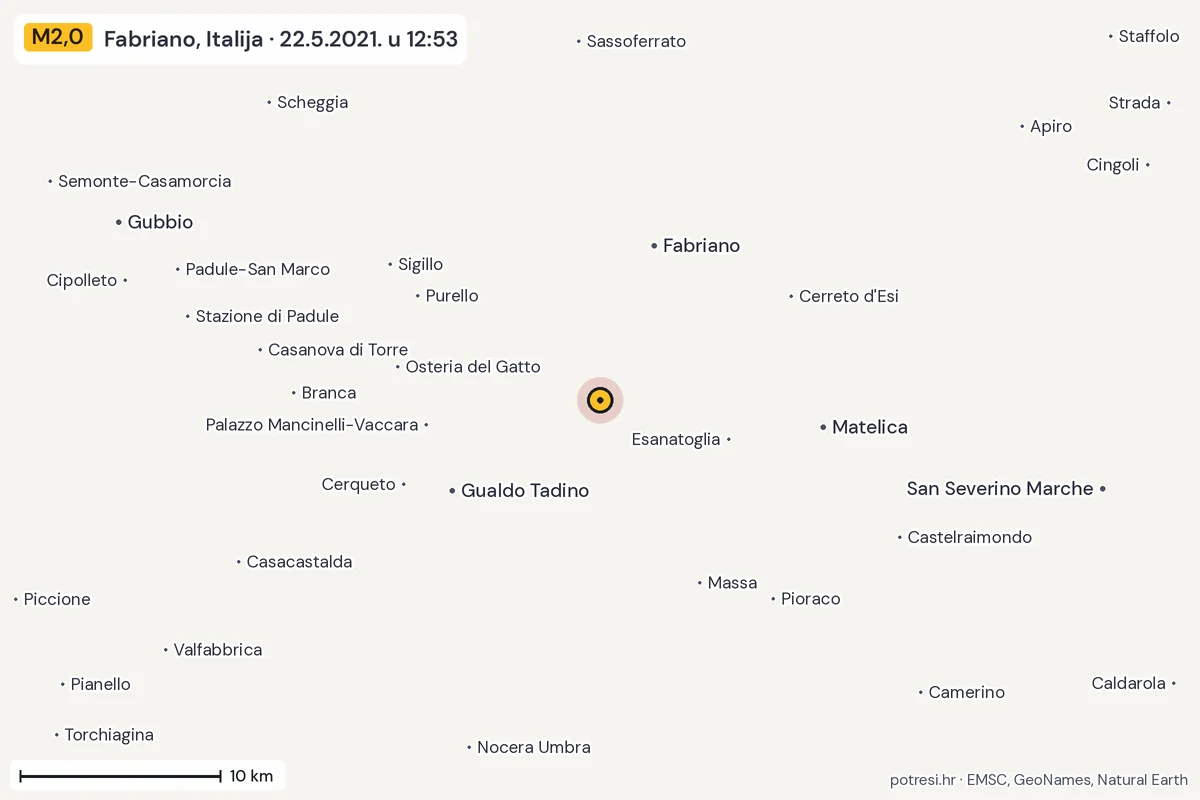 Karta: okolica epicentra, 60 km, potres M2,0, Fabriano, Italija, 22.5.2021.