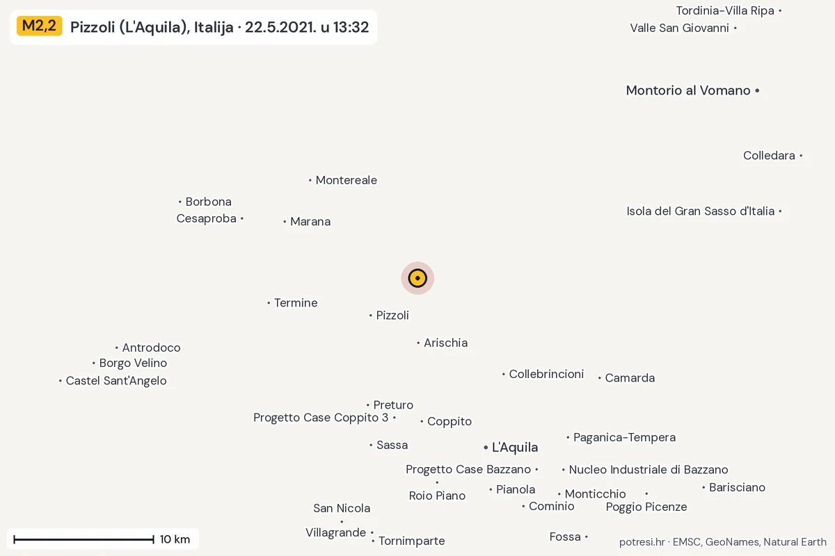 Karta: okolica epicentra, 60 km, potres M2,2, Pizzoli (L'Aquila), Italija, 22.5.2021.
