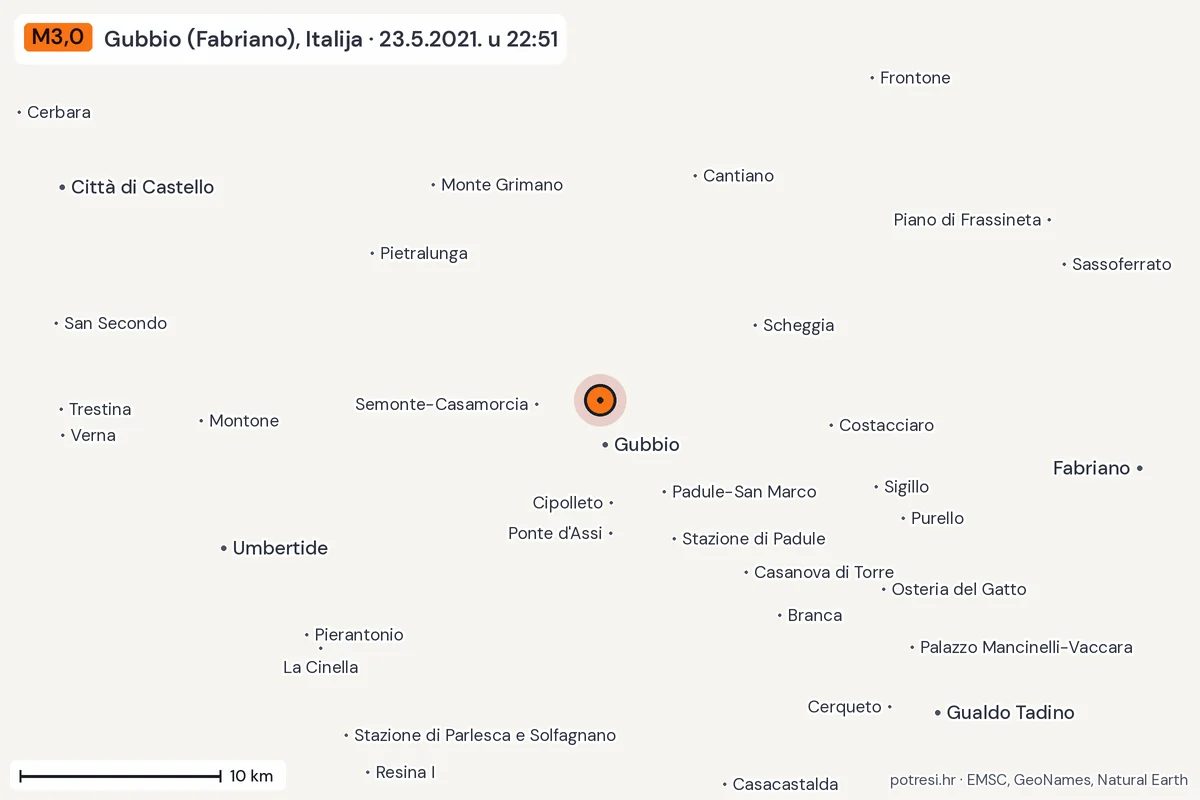 Karta: okolica epicentra, 60 km, potres M3,0, Gubbio (Fabriano), Italija, 23.5.2021.