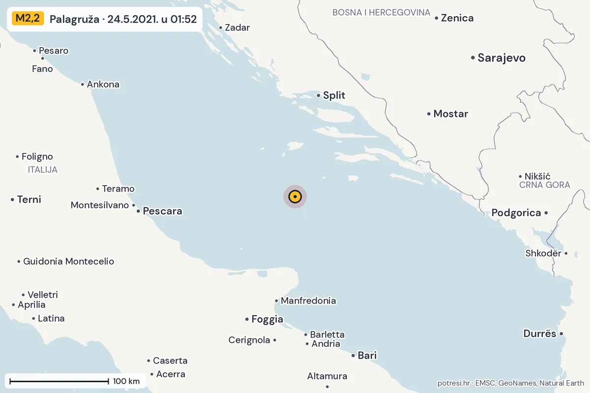 Karta: šire područje, 600 km, potres M2,2, Palagruža, 24.5.2021.