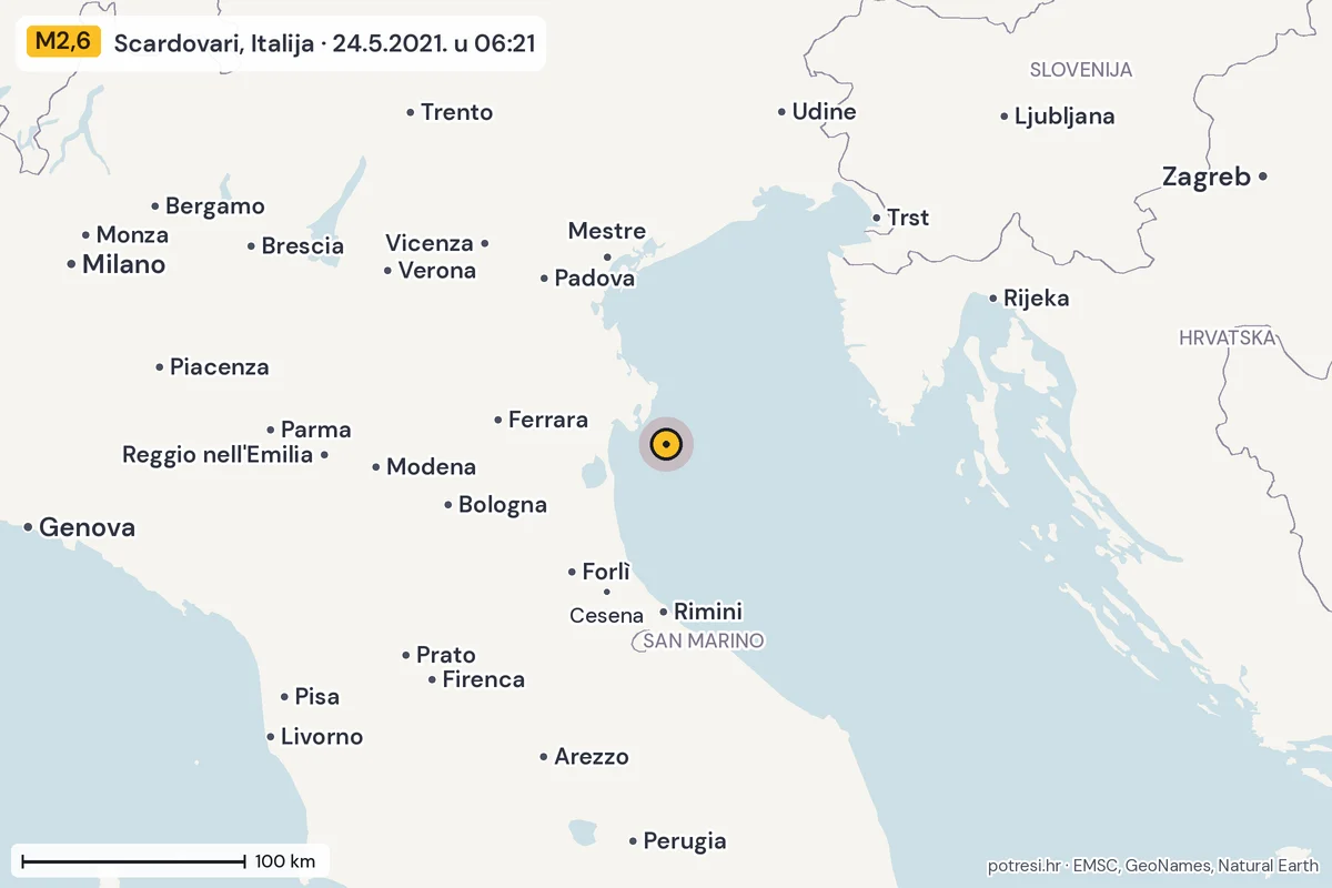 Karta: šire područje, 600 km, potres M2,6, Scardovari, Italija, 24.5.2021.