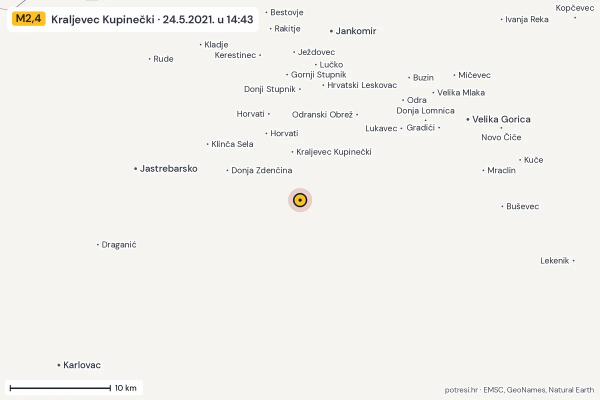Karta: okolica epicentra, 60 km, potres M2,4, Kraljevec Kupinečki, 24.5.2021.