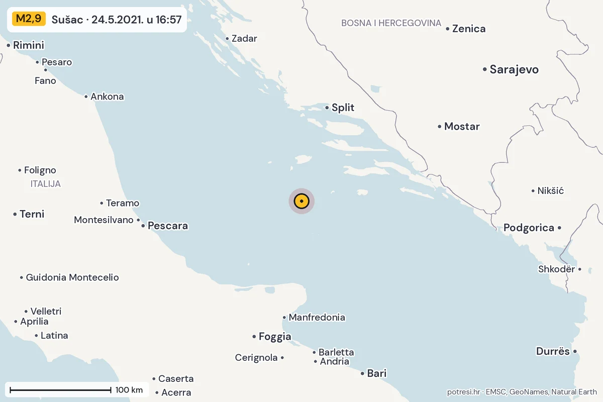 Karta: šire područje, 600 km, potres M2,9, Sušac, 24.5.2021.