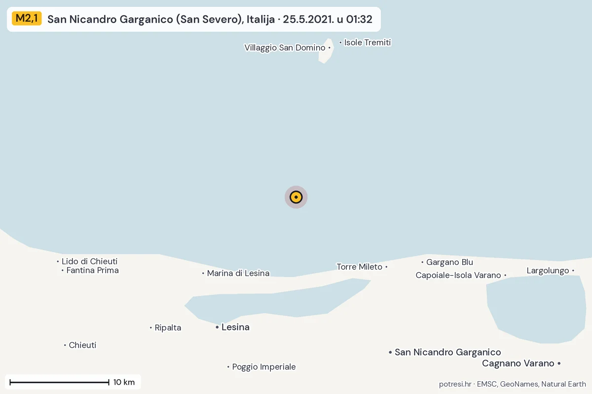 Karta: okolica epicentra, 60 km, potres M2,1, San Nicandro Garganico (San Severo), Italija, 25.5.2021.