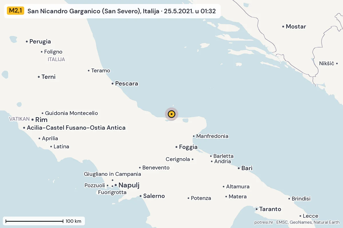 Karta: šire područje, 600 km, potres M2,1, San Nicandro Garganico (San Severo), Italija, 25.5.2021.