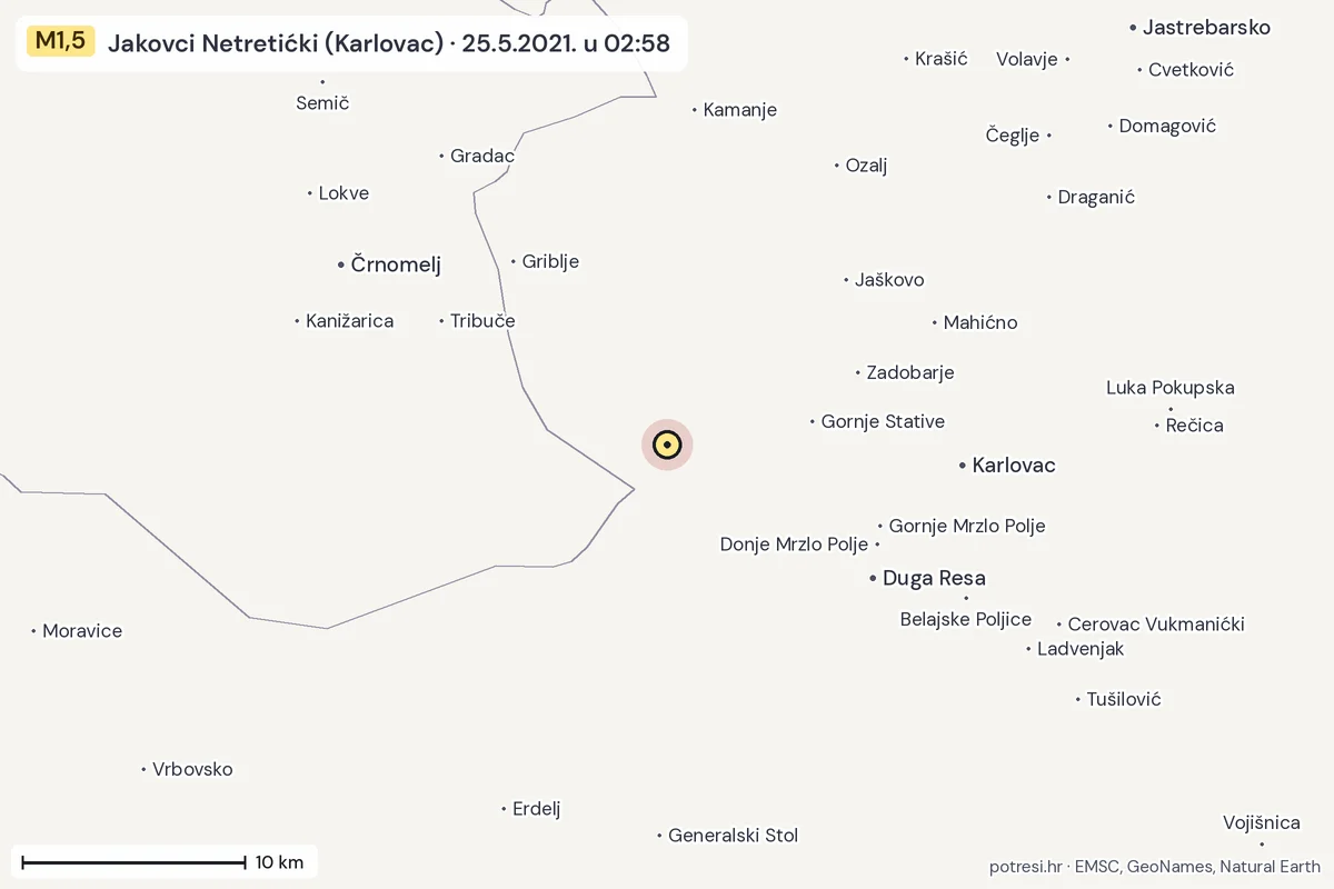 Karta: okolica epicentra, 60 km, potres M1,5, Jakovci Netretićki (Karlovac), 25.5.2021.