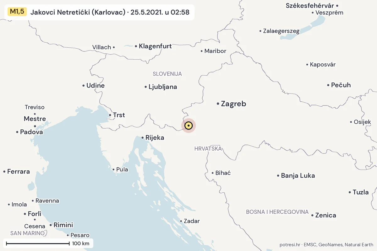 Karta: šire područje, 600 km, potres M1,5, Jakovci Netretićki (Karlovac), 25.5.2021.
