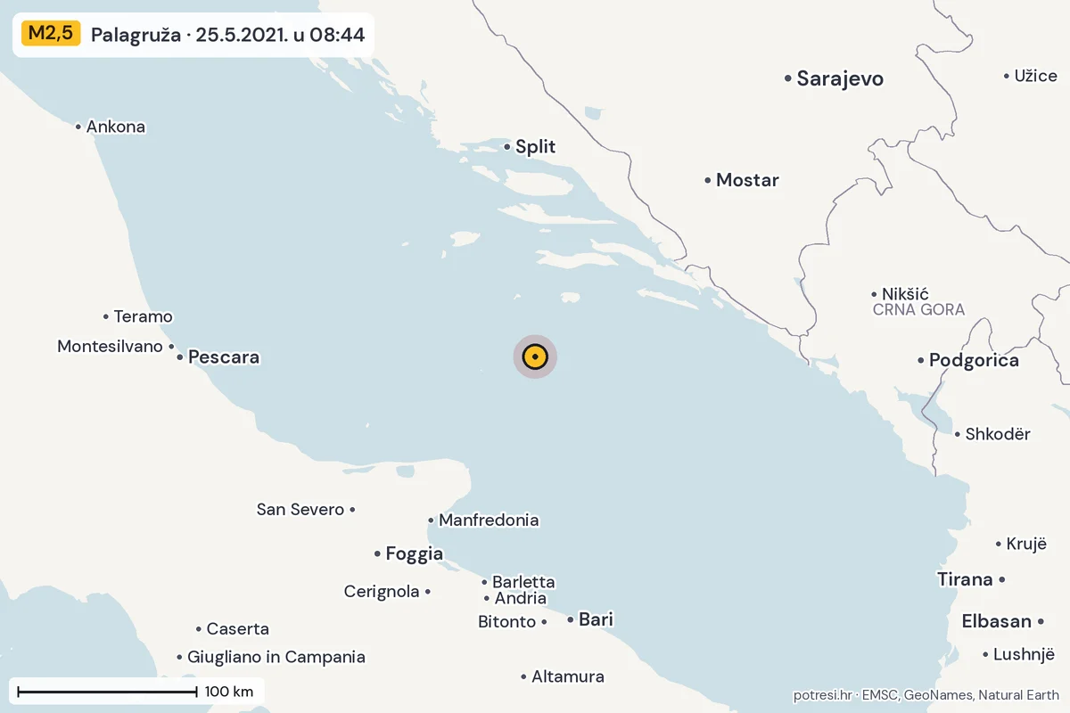 Karta: šire područje, 600 km, potres M2,5, Palagruža, 25.5.2021.