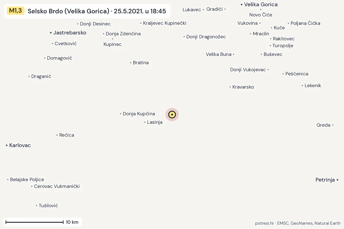 Karta: okolica epicentra, 60 km, potres M1,3, Selsko Brdo (Velika Gorica), 25.5.2021.
