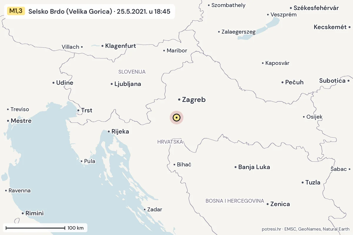 Karta: šire područje, 600 km, potres M1,3, Selsko Brdo (Velika Gorica), 25.5.2021.